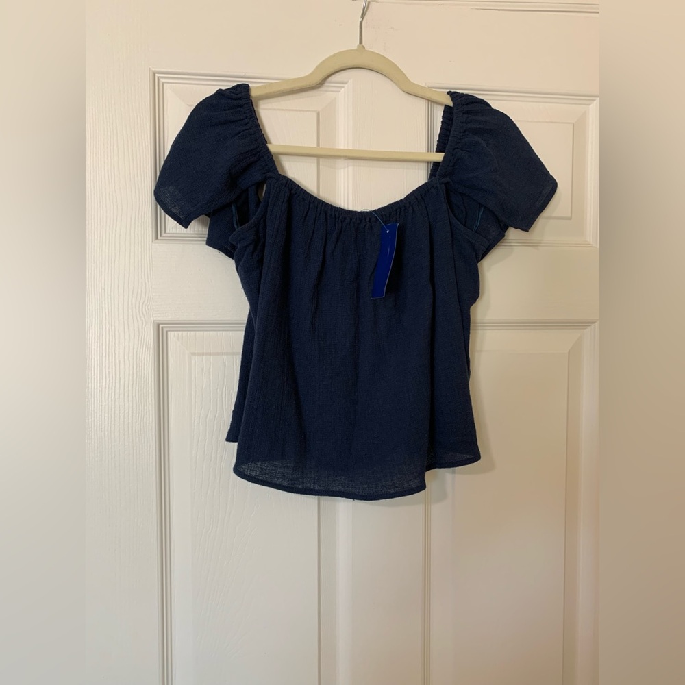 Roxy Navy Blue Puff Sleeve Crop Top Blouse Size XS Casual Summer Beach‎